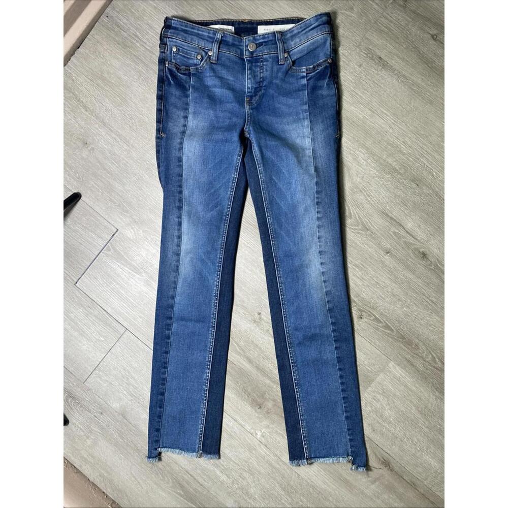Pilcro And The Letterpress Patchwork Parallel Blue Jeans Size 25 Womens Fray Hem